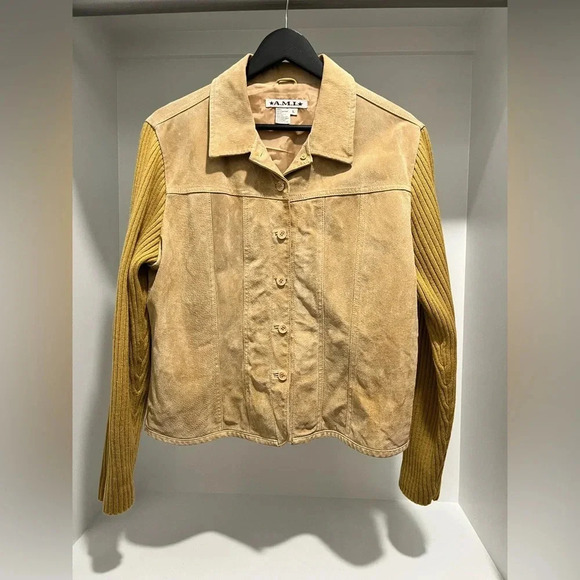 Vintage A.M.I. Women’s lined Tan Leather Suede Jacket Knit Sleeves size large - Picture 1 of 7